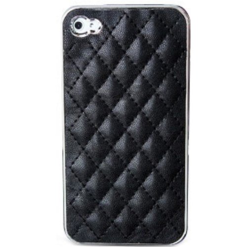 Black Manmade Leather Check Design Case Cover For Iphone 4 4s